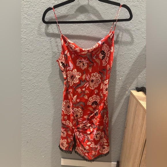 Cinq A Sept Avalyn Beaded Fringe Floral Print Charmeuse Minidress in Red Multi - Picture 3 of 5